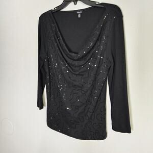 Women’s Rafaella Black Sequined Long Sleeve Knit Top Draped Neckline Sz M
